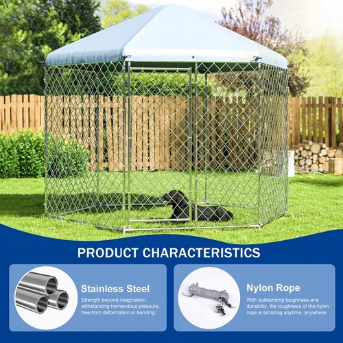 Vista 2 de Polar Aurora Perrera para perros al aire libre con techo, jaula grande para perros en el exterior con puerta de metal, perrera resistente