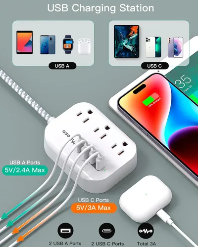 Vista 2 de Regleta de alimentación de enchufe plano con puertos USB - Cable de extensión de 10 pies con 3 salidas y 3 puertos de carga USB, montaje en pared