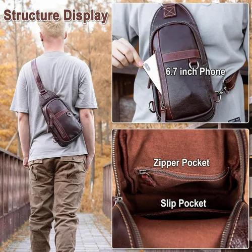 Vista 4 de CENUNCO Geniune - Bolso bandolera de cuero para hombres y mujeres, bolso cruzado para el hombro, mochila para el pecho