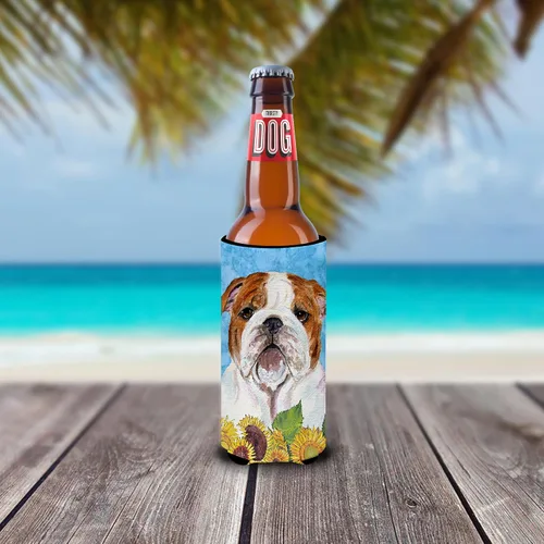 Vista 2 de Caroline's Treasures SS4117MUK Bulldog Inglés en verano Flores Ultra Hugger para latas delgadas puede enfriar la manga de la bebida lavable a