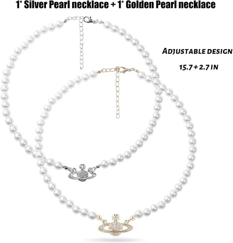 Vista 2 de Juego de 2 collares de perlas collar de perlas artificiales collar de gargantilla de perlas dije para mujer novia boda cumpleaños aniversario
