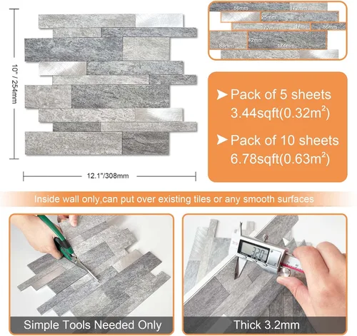 Vista 6 de VAOVI Azulejo de Salpicaduras Autoadhesivo Cocina Piedra Estilo Metro Lineal Mosaico Baño Ducha Pared Impermeable (5 piezas, Gris)