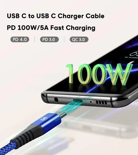 Vista 2 de Cable USB C a USB C de 100 W de carga rápida de nailon trenzado de 3.3 pies, paquete de 2 unidades, azul sweguard Cable de carga tipo C