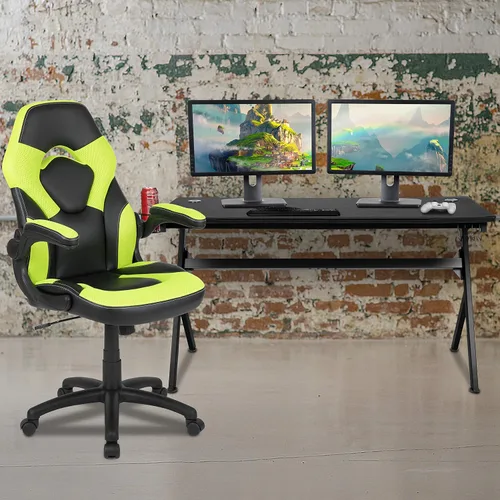 Vista 41 de Flash Furniture Juego de escritorio para juegos negro y silla de carreras blanco/negro con soporte para tazas, gancho para auriculares y soporte