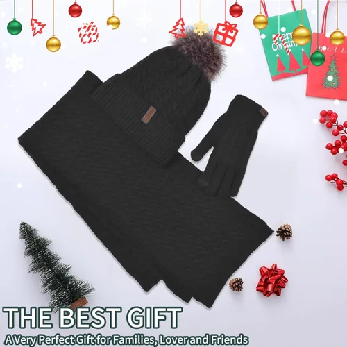 Vista 7 de Conjunto de gorro de invierno para mujer, gorro clásico con pompón extraíble, bufanda larga, guantes para pantalla táctil, juego 3 en 1