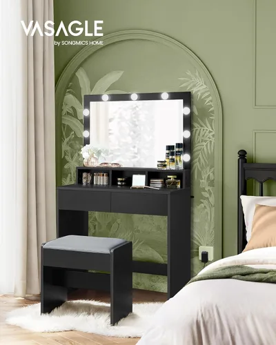 Vista 2 de VASAGLE KAILYN Collection - Escritorio de tocador con espejo y luces, tocador de maquillaje moderno con taburete tapizado, 3 compartimentos, 2