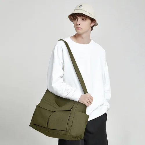 Vista 8 de KALIDI - Bolsa de lona con bolsillos, bolso bandolera grande para mujeres, hombres, universidad, trabajo, viajes, casual