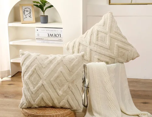 Vista 2 de Juego de 2 fundas de almohada de piel sintética beige de 16x16, funda de almohada decorativa de cuadros suave estilo boho para sofá, cama, sala
