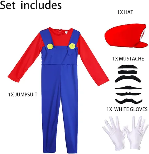 Vista 3 de Hewtwerck Disfraz de Super Brothers para niños, disfraz de Mario Fontanero para Halloween, cosplay, overol con sombrero y guantes de bigote