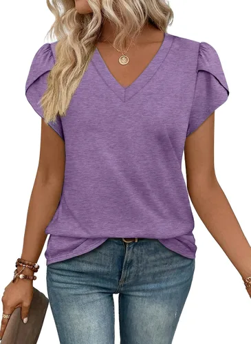 Vista 10 de WIHOLL Camisetas casuales de verano con cuello en V para mujer Negro