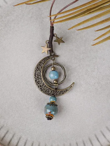 Vista 3 de Collar de cerámica con cuentas de cerámica hippie bohemio, luna y estrellas, mariposa, regalo de joyería hippie bohemio para mujer