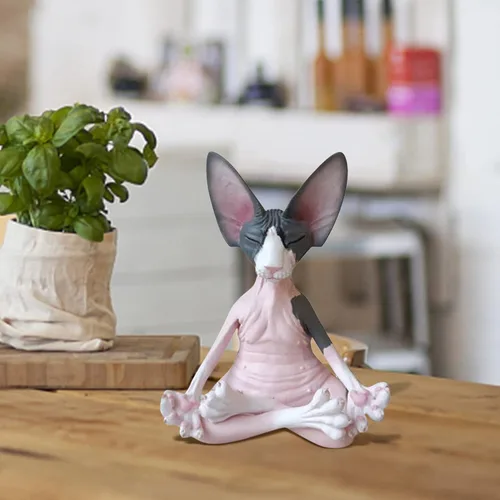 Vista 5 de Estatua de gato meditante de resina de 5.1 in, figura de gato sin pelo, escultura de animales de gato, escultura de animales de gato, medita