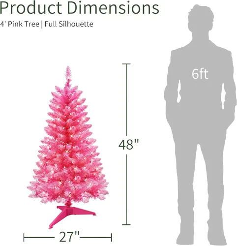 Vista 3 de Puleo International - Árbol de Navidad artificial preiluminado de 4 pies, pino rosa de moda con 150 luces claras, 196 puntas de ramas densas
