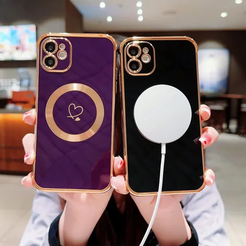 Vista 3 de Funda compatible con Magsafe para iPhone 11, diseño electrochapado con patrón de corazón de amor, TPU suave, a prueba de golpes, protección completa