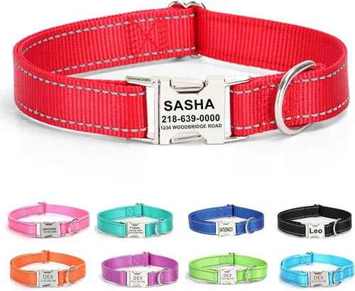 Vista 19 de Collar personalizado para perro con etiqueta de nombre, collar de nailon reflectante para mascotas, collares de perro con hebilla dorada grabada