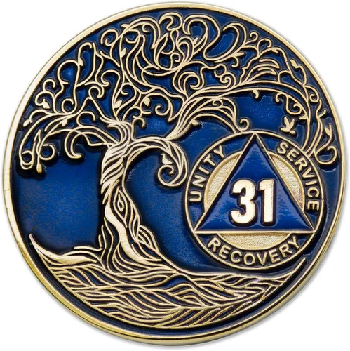 Vista 62 de 1 año Sobriety Mint Twisted Tree of Life Medallón de recuperación AA chapado en oro, chip/ficha - negro