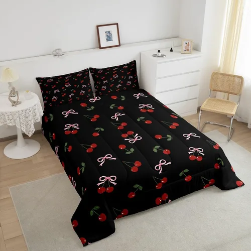 Vista 4 de Feelyou Juego de ropa de cama con lazos bonitos y cerezos, tamaño individual, para niños, juego de edredón con lazos de acuarela para niños, niñas