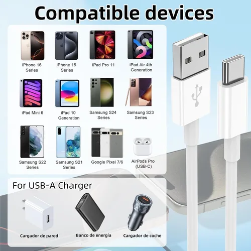 Vista 3 de Cable USB A a USB C para iPhone15, paquete de 2 [3 pies + 6 pies] Carplay cable de carga rápida para iPhone 17/16/15 Pro Max/Plus, iPad Pro