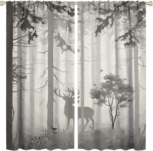 Vista 27 de Cortinas opacas con diseño de ciervos, bosque brumoso, rústico, vida silvestre, alce, montaña, pájaros, pino, bosque, cortinas de ventana