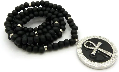 Vista 4 de Pave Ronda de Ankh egipcio colgante 8mm 36" Wooden Bead Collar Plata Tono Negro