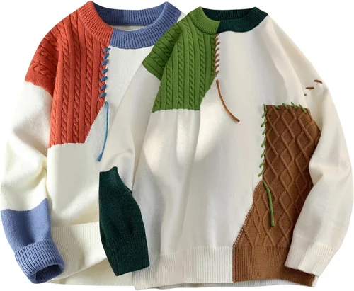 Vista 3 de GURUNVANI Suéter de retazos para hombre con bloque de color, jersey de punto trenzado de gran