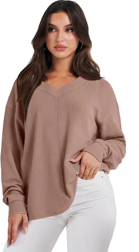 Vista 6 de ANRABESS Camisas de manga larga de gran tamaño para mujer, sudadera con hombros descubiertos, holgada, cuello en V, suéter alto y bajo 2025