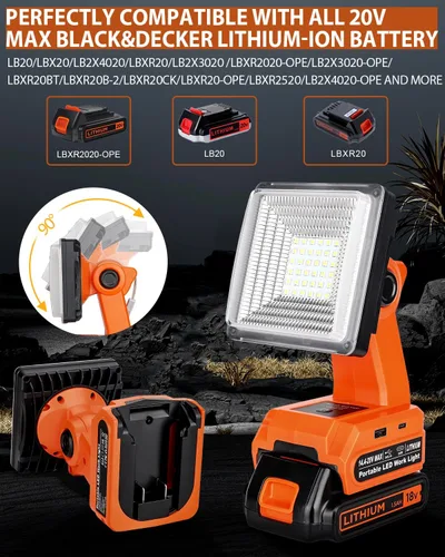Vista 7 de Adisipsoarin Luz de trabajo LED inalámbrica para batería Black and Decker de 20 V, reflector LED de 25 W con puertos de carga rápida USB-A y USB-C