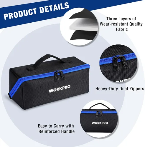 Vista 2 de WORKPRO Bolsa de herramientas, bolsa de herramientas de boca ancha de 10 pulgadas con cremallera, bolsa de almacenamiento de herramientas
