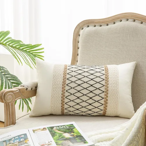 Vista 12 de 1 funda de almohada para sala de estar, algodón y arpillera, estilo bohemio decorativo para el hogar (beige y azul, 16 x 16 pulgadas)
