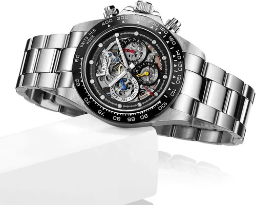 Vista 3 de LOREO Reloj Automático para Hombre de Acero Inoxidable Plateado con Cristal de Zafiro, Bisel de Cerámica, Fecha, Militar, de Buceo, Impermeable Negro