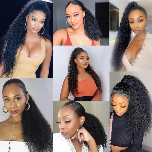Vista 8 de Extensiones de cabello rizado con cola de caballo de 12 a 26 pulgadas, extensiones de cabello real con cola de caballo rizada, para mujeres negras