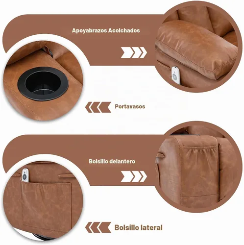 Vista 6 de Rocker - Silla reclinable con calor y masaje, silla reclinable giratoria de 360° para adultos, asiento de sofá individual reclinable de gran