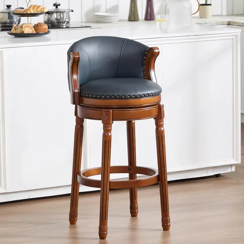 Vista 9 de RAINMOOD Taburete de bar, taburetes de bar giratorios de estilo moderno de mediados de siglo con asiento de cuero y patas de madera, silla