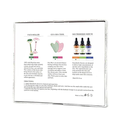 Vista 4 de NEUTRIHERBS Jade Gua Sha y rodillo facial y suero de vitamina C Set de herramientas faciales (kit 3 en 1), masajeador facial casero para arrugas