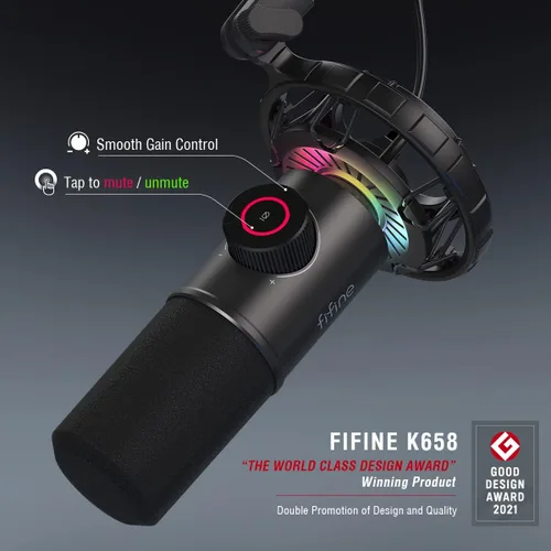 Vista 3 de FIFINE - Micrófono USB para juegos, micrófono dinámico RGB con conector de toque para silenciar y auriculares, micrófono cardioide Plug & Play