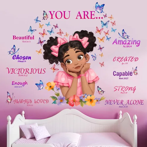 Vista 2 de Adhesivos de pared para dormitorio para niñas negras: calcomanías africanas americanas de mariposa inspiradoras de pelar y pegar - decoración