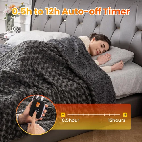Vista 4 de WOOMER Manta térmica tamaño full de 77" x 84", manta eléctrica con control, temporizador de 0.5 a 12 horas y 10 niveles de calentamiento