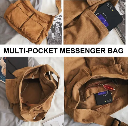 Vista 3 de Bolso mensajero de lona grande, bolso cruzado tipo hobo para mujeres y hombres, bolsa de hombro con múltiples bolsillos, bolsa de mensajero de lona