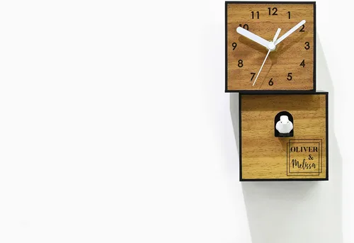 Vista 2 de Modern Cuckoo Bird Clock - Solid Wood - Wooden Wall/Table Clock - Minimalist Wall Art - Contemporary Decor - City Two Story Square (Modern Frame)