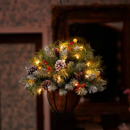Vista 2 de ANOTHERME Canasta Colgante de Navidad Artificial Pre-Iluminada de 18 pulgadas, Pre-iluminada con 30 Luces LED Operadas por Batería, Decoración