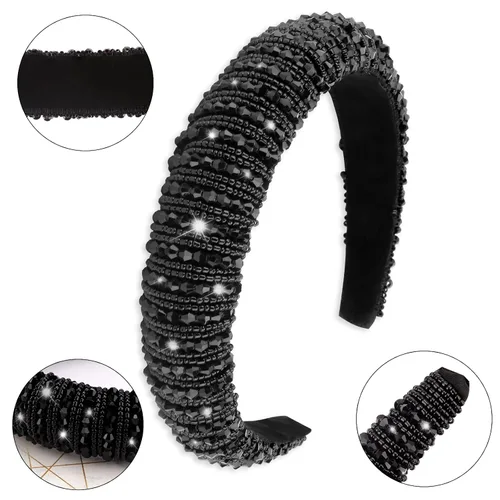 Vista 2 de Wecoe Diadema negra para mujer, diadema de diamantes de imitación de moda, diadema acolchada, diadema de diamantes brillantes con cuentas