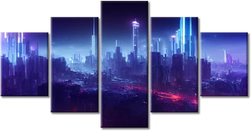 Vista 301 de Cuadros de 5 paneles de Cyberpunk City, arte de pared, representación de vallas publicitarias, edificios modernos en la capital con obras de arte