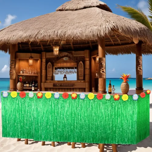 Vista 5 de Morcheiong Paquete de 1 falda de mesa de hierba Luau, 9 pies x 29.5 pulgadas, falda de mesa hawaiana para Tiki, selva, suministros de decoración