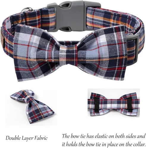 Vista 3 de Lionet Paws Collar para perro y gato con corbata de moño, hebilla de plástico ajustable, collar de cuadrícula para perros pequeños, medianos