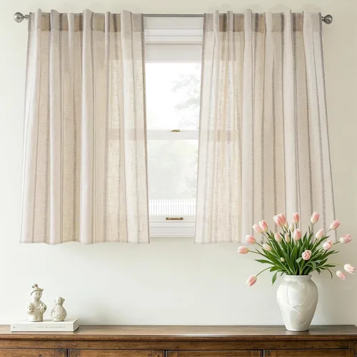 Vista 16 de DriftAway Cortinas de estilo granja con rayas verticales de lino mezclado texturizado con filtro de luz semitransparente para sala de estar
