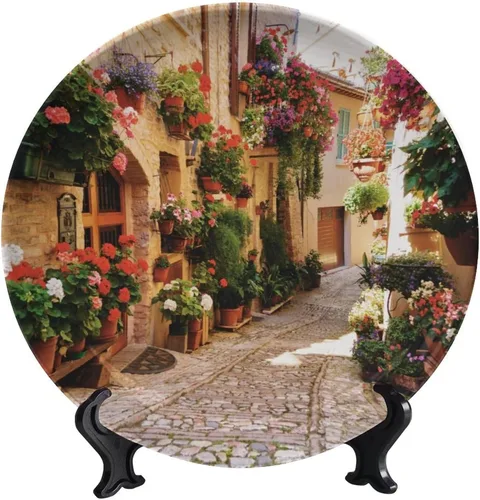 Vista 73 de Plato decorativo colgante de cerámica con temática de paisaje, plato decorativo redondo de plantas en maceta, con soporte decorativo, para sala
