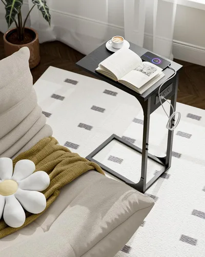 Vista 8 de Mesa auxiliar en forma de C para sofá, soporte de café pequeño, bandeja de sofá con marco de metal, parte superior de madera impermeable resistente