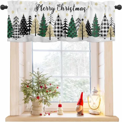 Vista 9 de Cenefa de Navidad para ventanas, cortinas de árbol de Navidad, cenefas con bolsillo para barra, cortinas cortas a cuadros para cocina, sala