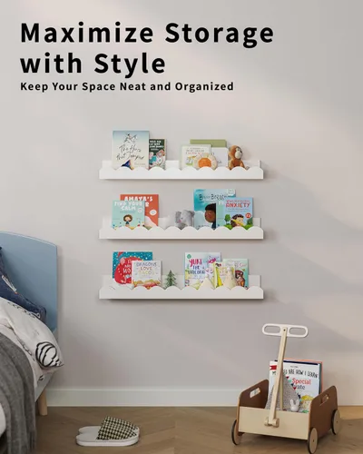 Vista 6 de G&W Gruwald Juego de 3 estantes para libros de guardería, decoración de guardería para bebés y niños pequeños, estantes festoneados, estante