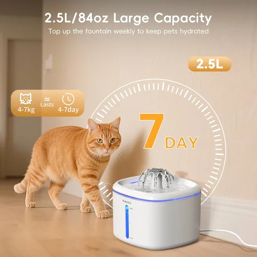 Vista 2 de Fuente de agua para gatos, fuente para gatos de 84 onzas / 2.5 L, dispensador automático ultrasilencioso de agua para mascotas mejorado con 8